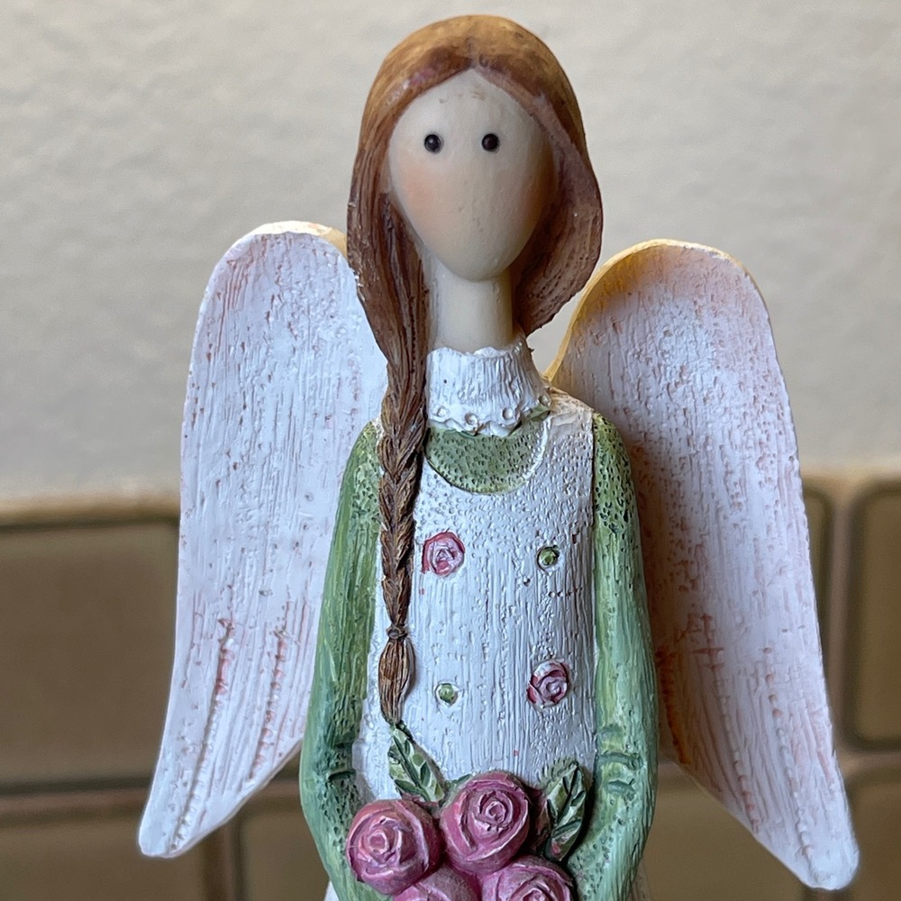 Love Angel With Pink Rose Bouquet Stone Resin Designed to Look Like Carved Wood - Picture 2 of 9